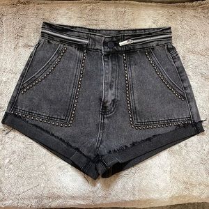 Black Distressed Studded High Waisted Shorts